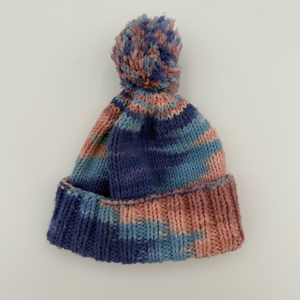 Handmade Toddler Hat (1-2 Yrs) - Knit Pom-Pom Beanie in Pink, Blue & Purple